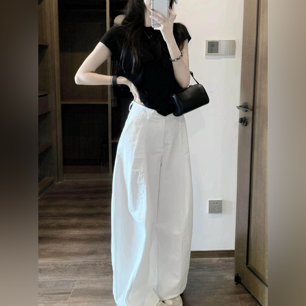 Women’s Semi Elastic Waist Slim Casual White Pants Loose Wide Leg Trousers